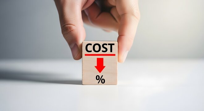 Hand pushing a block indicating a decrease in cost percentage