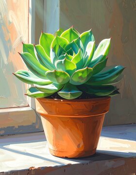 Vibrant Green Echeveria Succulent Plant in Terracotta Pot Bathed in Sunlight.