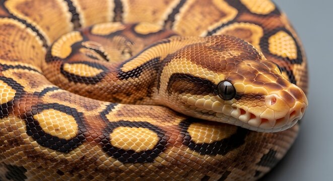 Close up shot of a ball python snake with a beautiful brown and yellow patterned skin coiled on a gray surface