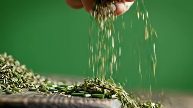 Close up of a human hand sprinkling chopped fresh chives onto a wooden board in soft natural lighting with a blurred green background