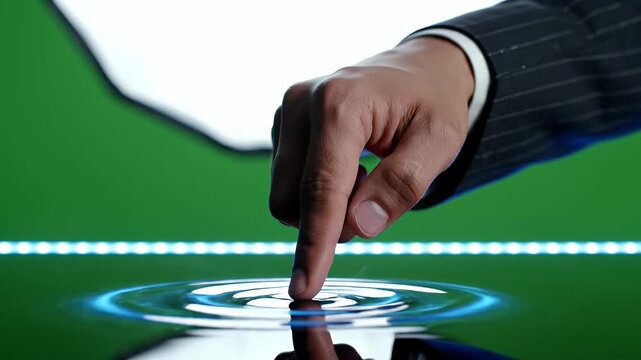 Close Up Of A Male Hand In A Pinstripe Suit Touching A Digital Interface With Water Ripples On Green Screen Background