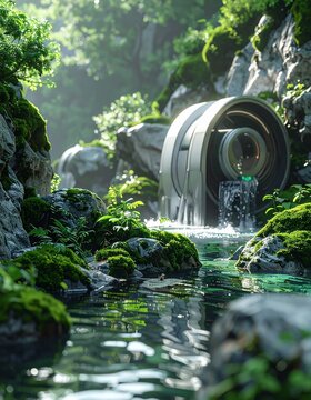 Waterwheel in a Lush Green Forest Stream with Mossy Rocks and Sunlight.