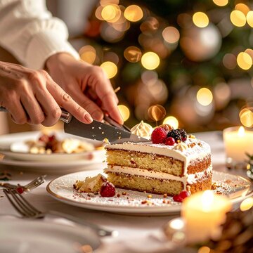 Woman cutting a festive Christmas cake with berries and cream, surrounded by blurred holiday lights.