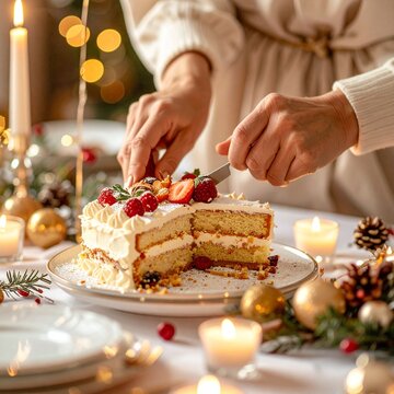 Woman cutting festive Christmas cake with berries and cream on a decorated table.