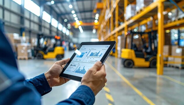Worker using tablet to manage inventory in a modern warehouse.