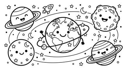 Smiling cartoon planets and stars. © Siwit