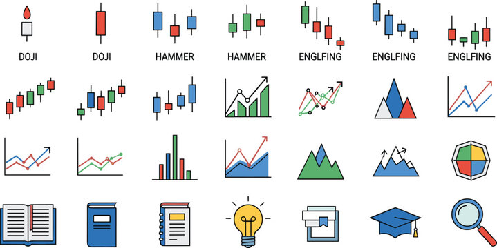 Candlestick Pattern and Stock Analysis Icon Set with Doji, Hammer, Engulfing Charts and Financial Learning Elements Flat Vector Collection