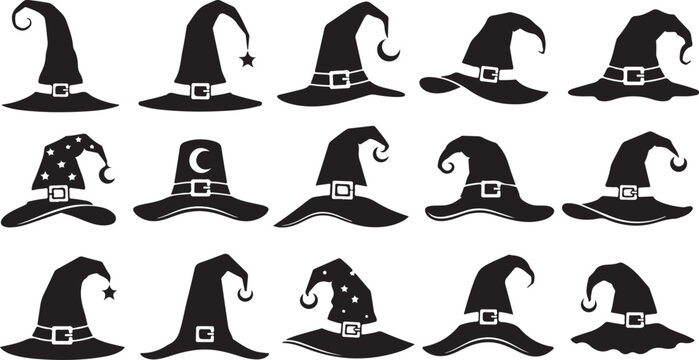 Collection of Various Black Witch Hats on White Background