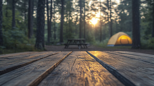 Rough wooden picnic table in forest campsite with glowing tent and sunlight filtering through tall trees creating peaceful outdoor atmosphere