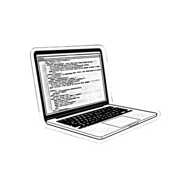 Raster illustration of laptop with code on screen, sketch art style, developer tool, programming interface, tech device, black and white rendering.