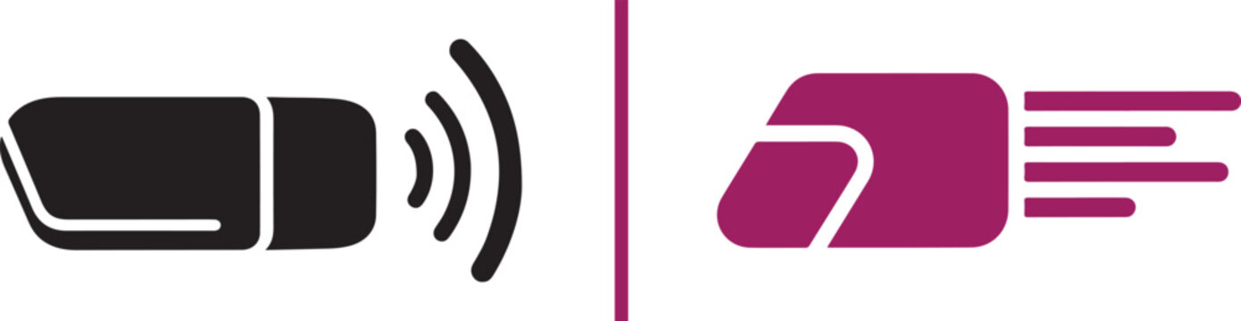 Modern vector icon set showing two eraser styles: a black glyph with signal waves and a purple motion-style eraser. Perfect for symbolizing digital deletion, editing, and fast correction tools.
