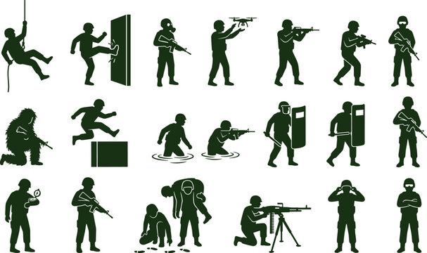 Diverse Collection of Military Soldier and Special Forces Silhouettes in Action Poses.