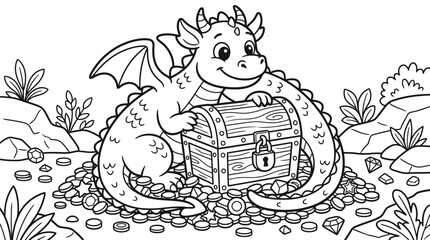 Smiling dragon sitting on treasure chest. © Suro