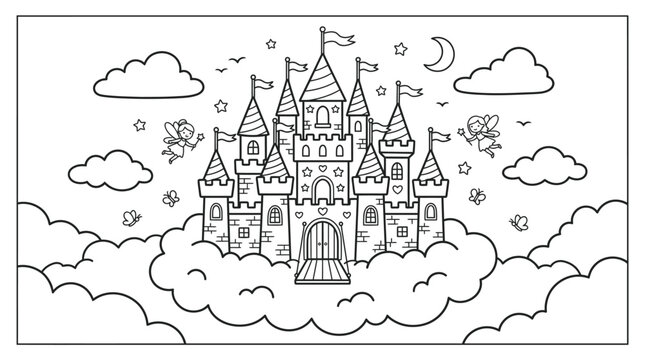 Fantasy castle with towers and flags.