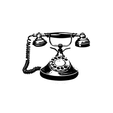 Classic black and white illustration of rotary phone, vintage communication device, analog dialer, retro telephone, antique telecom equipment.