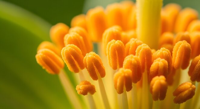 Extreme macro photography of orange flower pollen grains on stamens with a soft green background