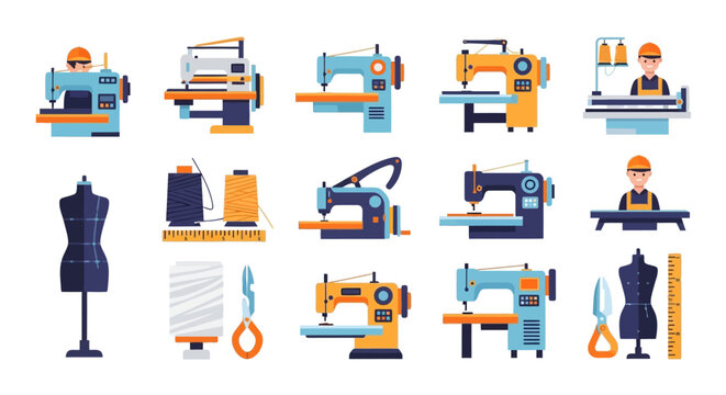 Collection of industrial sewing machines and tailoring equipment.