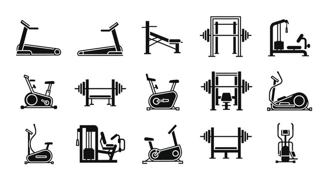 Collection of various gym equipment silhouettes for fitness and workout.