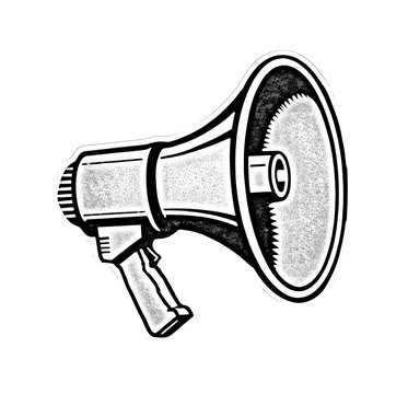 Classic handheld megaphone rendered in high contrast dot matrix style, featuring textured cone, ergonomic grip, and circular sound port, ideal for protest, rally, or communication visuals.