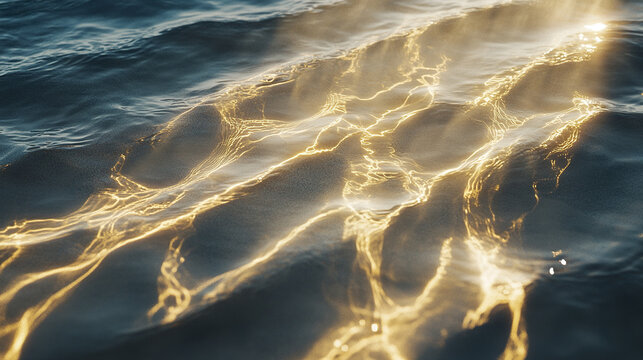 Sunlight penetrates clear blue water creating golden reflections and shimmering patterns on surface, evoking peaceful and serene ocean atmosphere