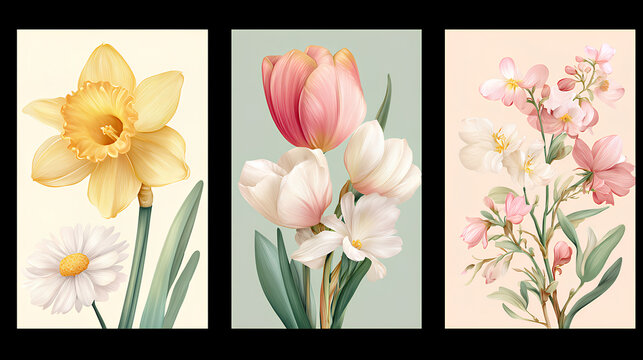 Spring set of the cutest cards, posters for the spring holiday with wildflowers, Narcissus flower, tulips, daisies. Hand drawn Floral art templates for Womens Day, birthday, Mothers Day, Easter decor 