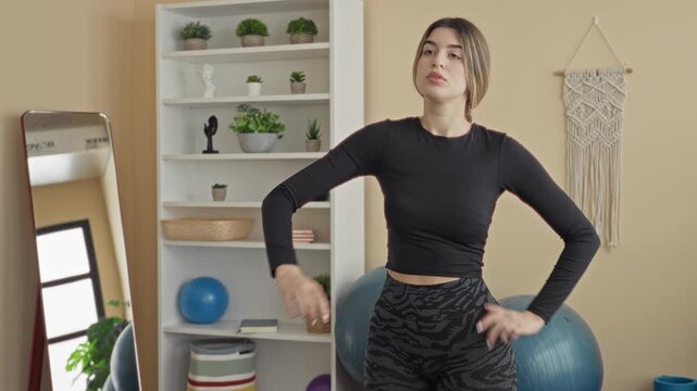 Woman stretching arm across torso beside exerciseball in studio with bookshelf, mirror and macrame wall hanging, wearing open back top and patterned leggings; calm focus.