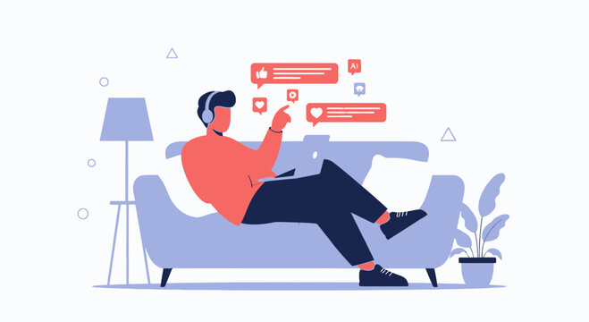 Man Relaxing on Sofa with Laptop, Engaging with Social Media Notifications