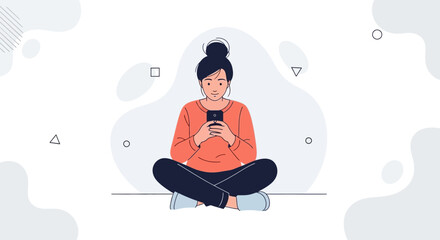 Obraz premium Young Woman Sitting Cross-legged with Smartphone and Earphones, Relaxed and Connected
