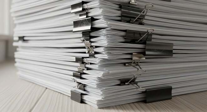 A large stack of paper documents held together with binder clips, signifying organization and data management in a business setting