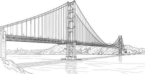 Fototapeta premium Detailed black and white line art vector illustration of the Golden Gate Bridge crossing San Francisco Bay.