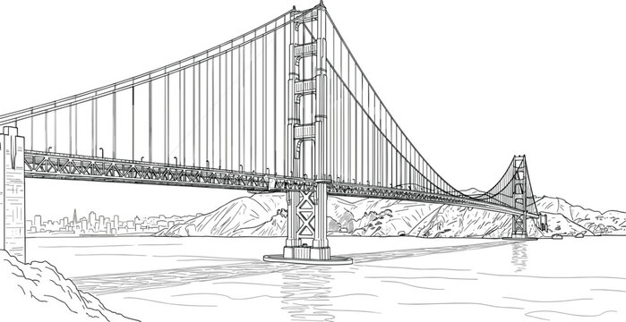 Detailed black and white line art vector illustration of the Golden Gate Bridge crossing San Francisco Bay.