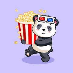 Happy Cartoon Panda with 3D Glasses Carrying Big Popcorn Bucket Vector Illustration Kawaii Animal © Dee Vector