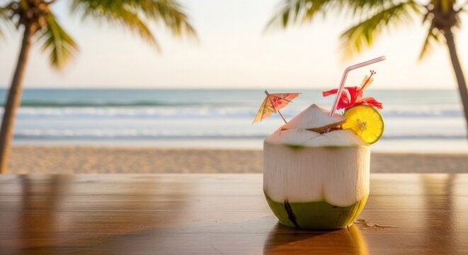 Coconut drink with straw and umbrella on wooden table, beach in background, tropical setting