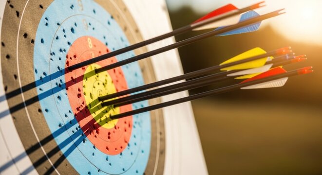 Three arrows, two red and one blue, hitting a target with a blurred background and a warm, golden light.