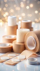 Naklejka premium A photo of a variety of adhesive bandages and medical tape arranged neatly on a pristine white background, showcasing different sizes and types of ban
