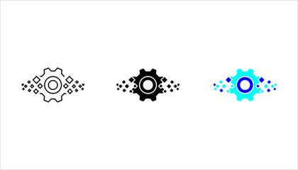 Obraz premium Minimal outline icon SET. of gear with digital pixel elements representing data processing, automation, system integration, and technology workflow.