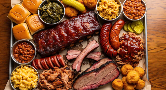 A variety of barbecue meats and sides are arranged on a wooden table for a casual outdoor dining event with ribs, sausage, and cornbread.