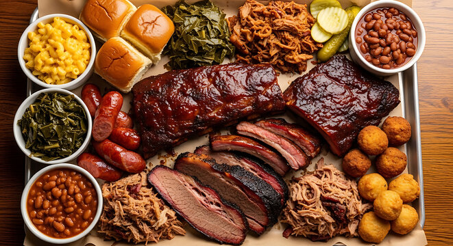 A mouthwatering spread of roasted meats and variety of side dishes on a wooden table