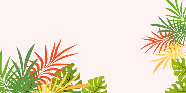 Leaves background with summer fun design concept, abstract illustration with exotic jungle leaves, colorful design, summer background, tropical leaves.Tropical leaf background, palm leaves.