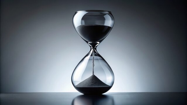 A photo of a sleek black hourglass with smooth edges and fine sand grains, perfectly balanced on a pristine white surface, creating a minimalist and m