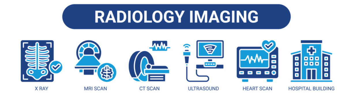 Radiology Imaging web banner icon vector illustration concept with icons of X ray, MRI scan, CT scan, ultrasound, heart scan, and hospital building.