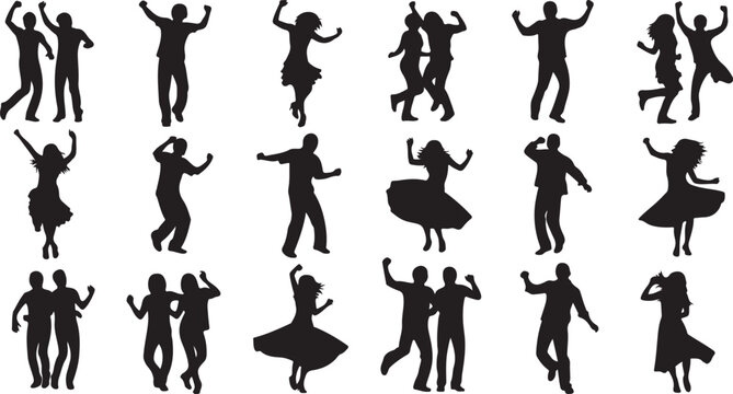 Silhouettes of people dancing in various poses and styles