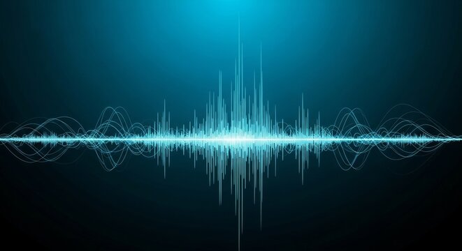 Audio Waveform, Sound Spectrum and Frequency Analysis for Music Production, Data Visualization and Technological Innovation with Blue Abstract Signal Representing Digital Audio Processing. Noise