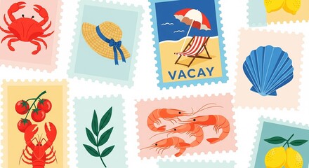 Obraz premium Summer Vacation Postcard Collection Vector Illustration, Tropical Beach and Seafood Theme Graphics for Travel and Leisure Design