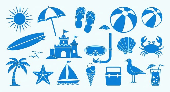 Summer Vacation Icons Vector Illustration Set - Beach Holiday Elements for Design and Promotion