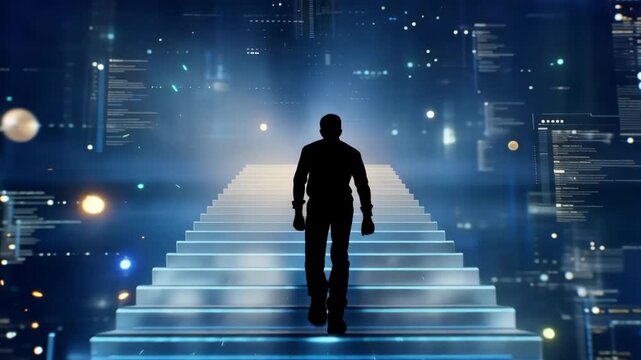 Futuristic digital staircase with man walking towards glowing technology future concept  