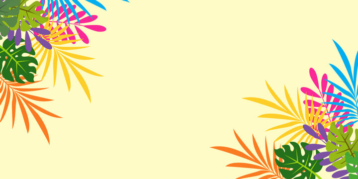 Leaves background with summer fun design concept, abstract illustration with exotic jungle leaves, colorful design, summer background, tropical leaves.Tropical leaf background, palm leaves.