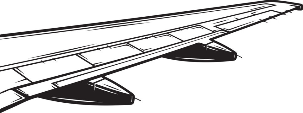 Airplane wing illustration in black and white colors only