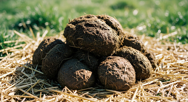Pile of organic manure on straw in a sunny field