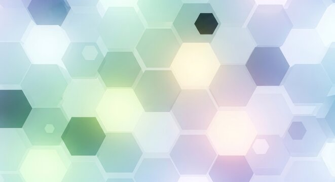 A colorful, abstract geometric pattern with hexagonal shapes in shades of blue, green, and purple, set against a white background.